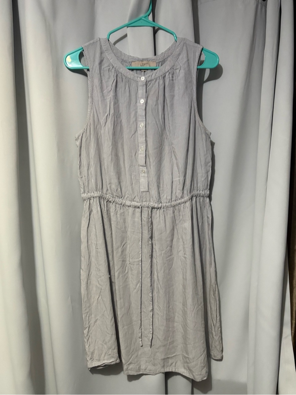 LOFT Blue and White Pinstripe Sleeveless Drawstring Dress